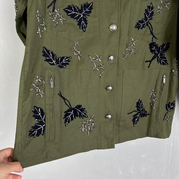 The Kooples women size M leaf embroidered jacket green 100% cotton beaded - Picture 5 of 15